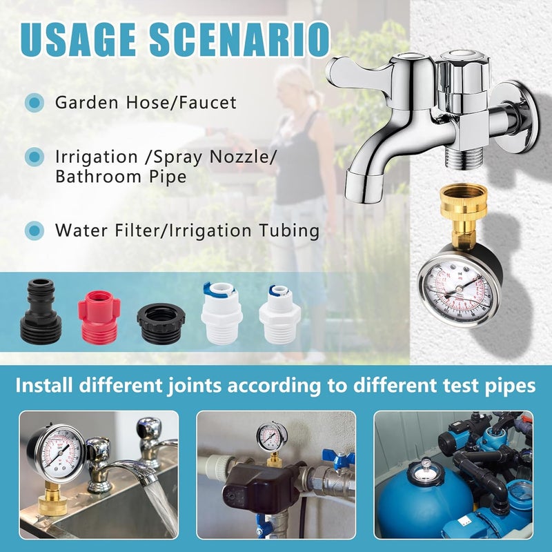 PROSOCOOL Universal Water Pressure Glycerin Filled Gauge Kit 0-200 Psi for All Purpose Water Pressure Measurement, 3/4" Female Garden Hose Thread Water Dial Gauge with Extra 5 Adapters for Multiple Use - Image 5